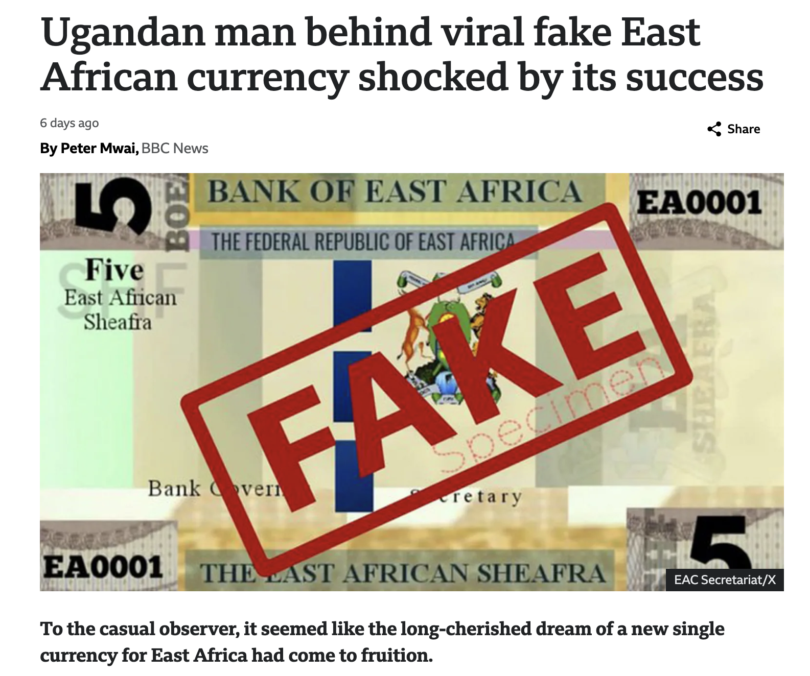 Ugandan man behind viral fake East African currency shocked by its success 6 days ago By Peter Mwai, Bbc News 5 Boe Five East African Sheafra Bank Of East Africa The Federal Republic Of East Africa EA0001 Fake Bank vern Speci Specimen retary EA0001 The…